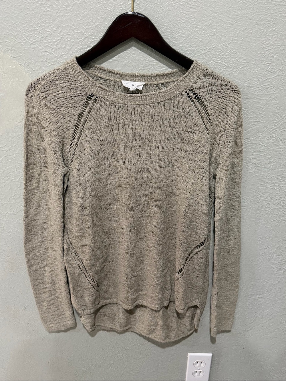 Lou & Grey Taupe Open-Stitch Crewneck Sweater Size Small EUC Cotton Blend